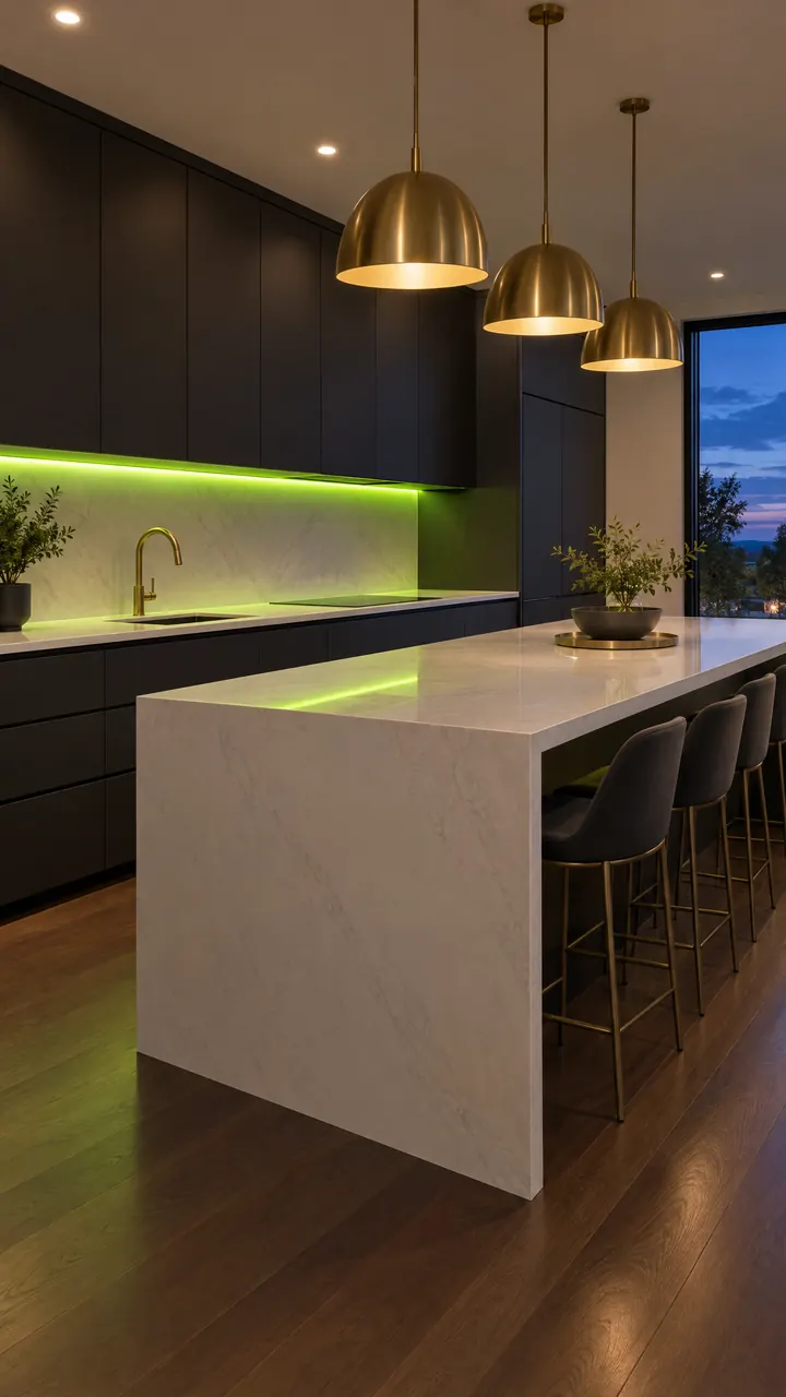 Remodelled kitchen with a stone island and pendant lighting