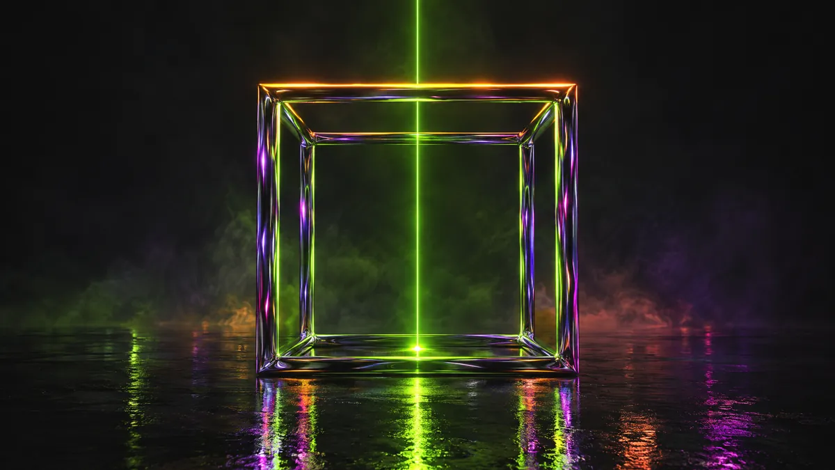 A chrome cube frame, square and level, with a plumb line of green light through its center