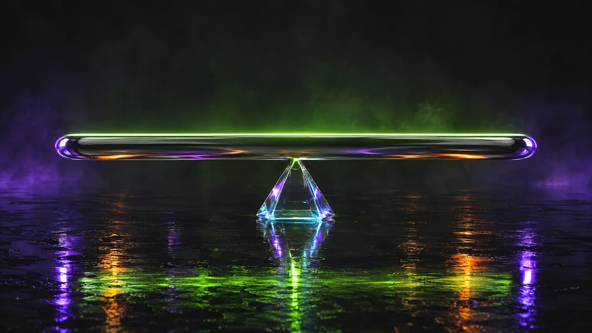 Abstract neon balance beam above a reflective surface