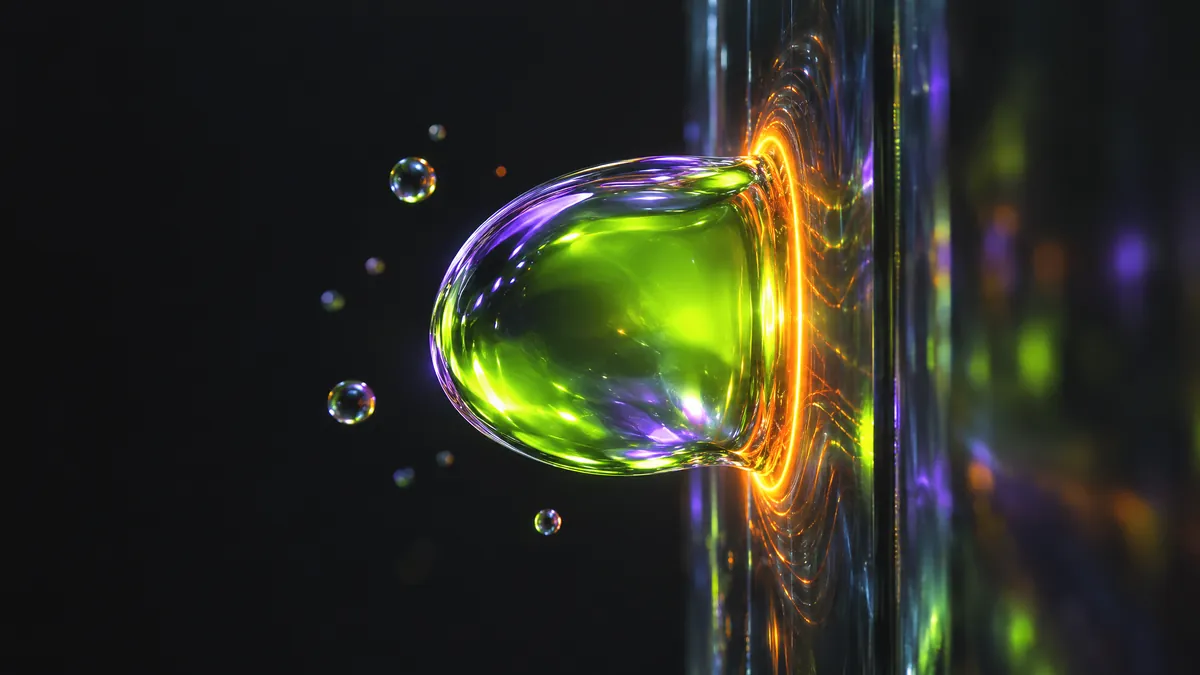 A droplet of glowing liquid glass stopped against a pane of glass that lights up orange where it touches