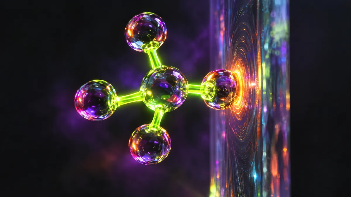 A glowing molecule stopped against a pane of glass that lights up orange where it touches