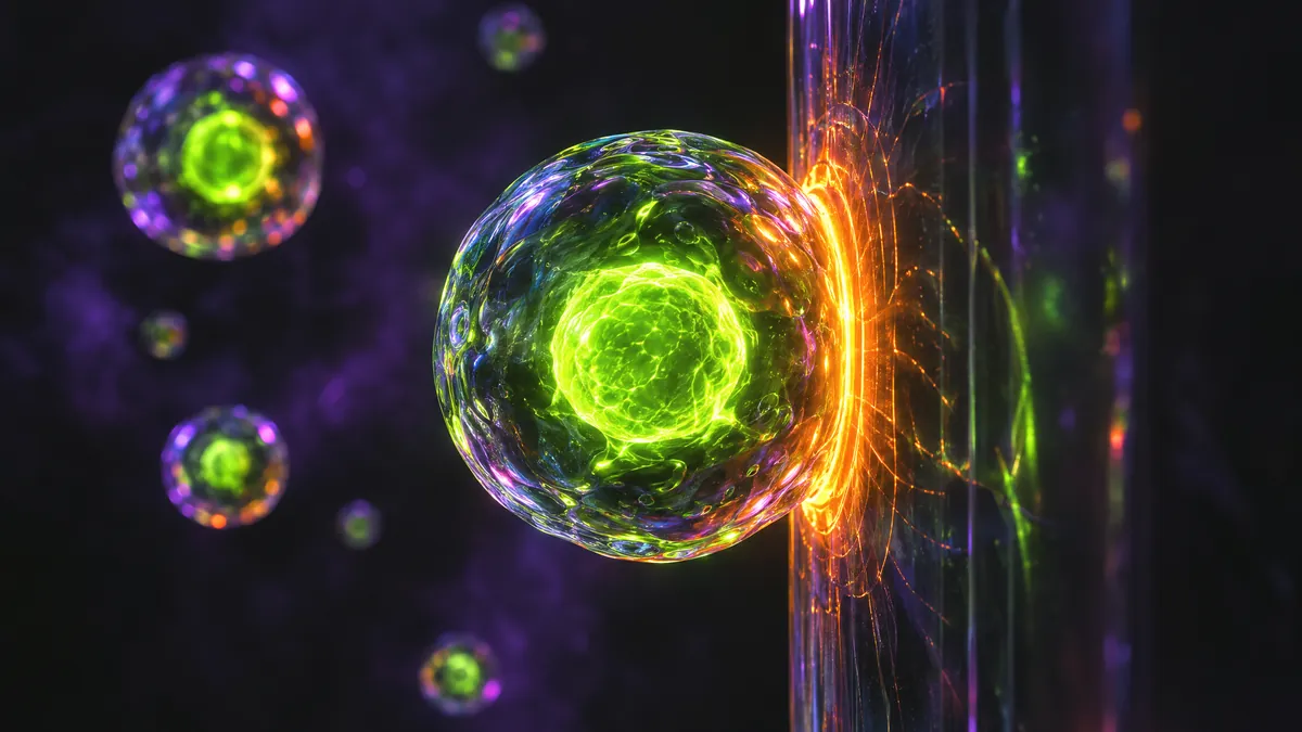 A glowing cell stopped against a pane of glass that lights up orange where it touches
