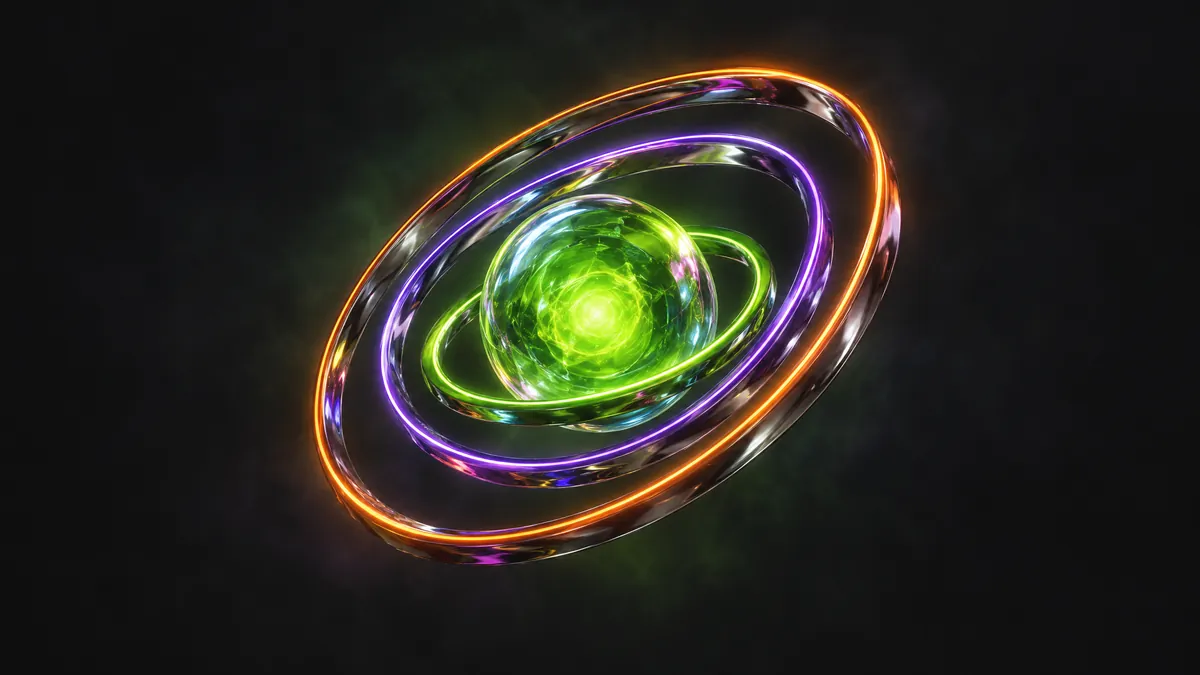 Abstract glowing orb encircled by neon orbital rings