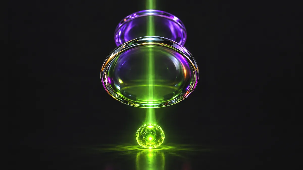 Two glass lenses focused on one glowing cell, a first and a second read