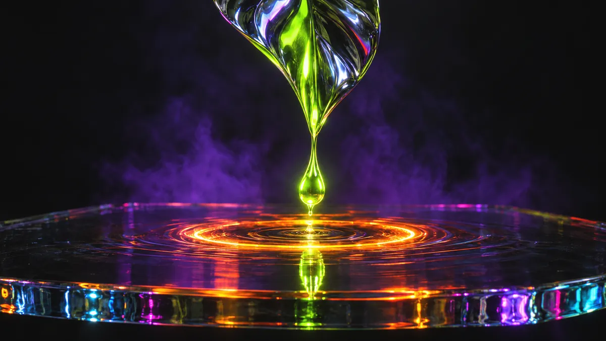 A drop of green light falling from a chrome leaf and stopped on a sheet of glass, which glows orange where it lands