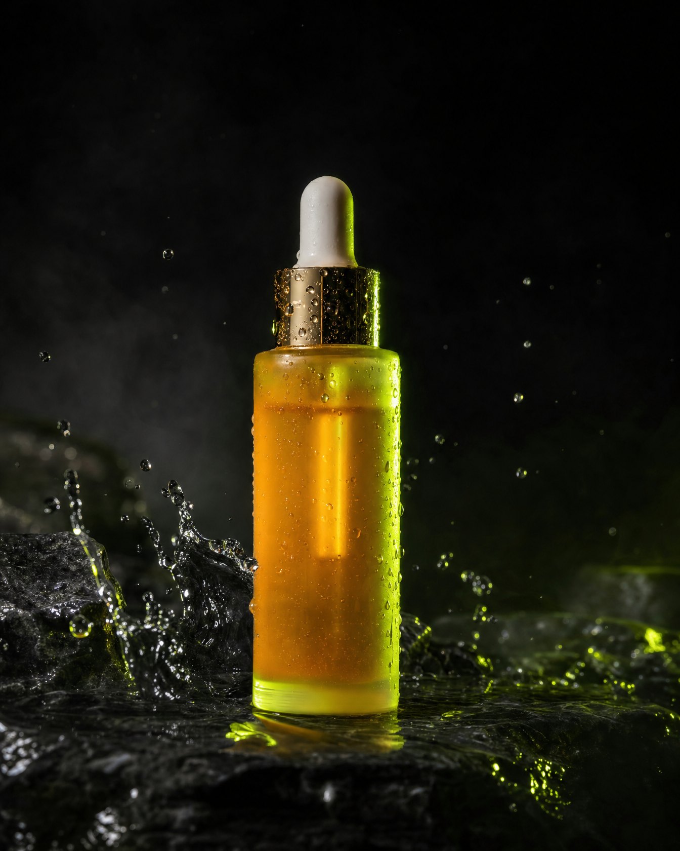 Product bottle photographed on a dramatic wet set by PELORA Marketing