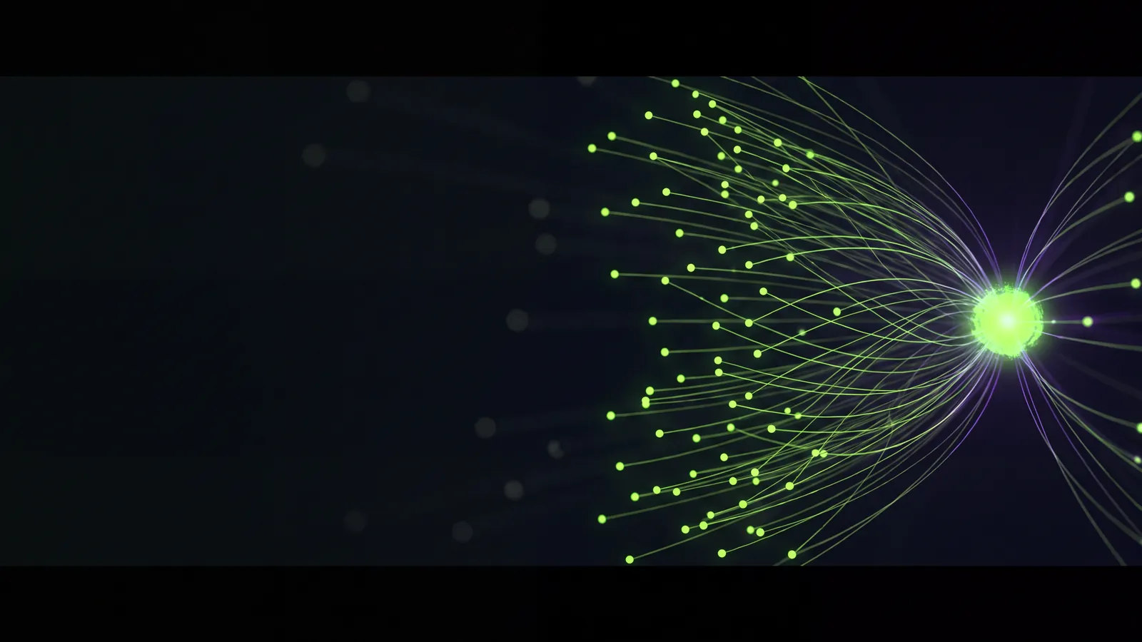 Concept render: many glowing nodes converging on one green point