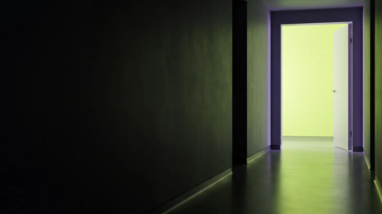 Concept render: an open doorway at the end of a dark hallway in green light