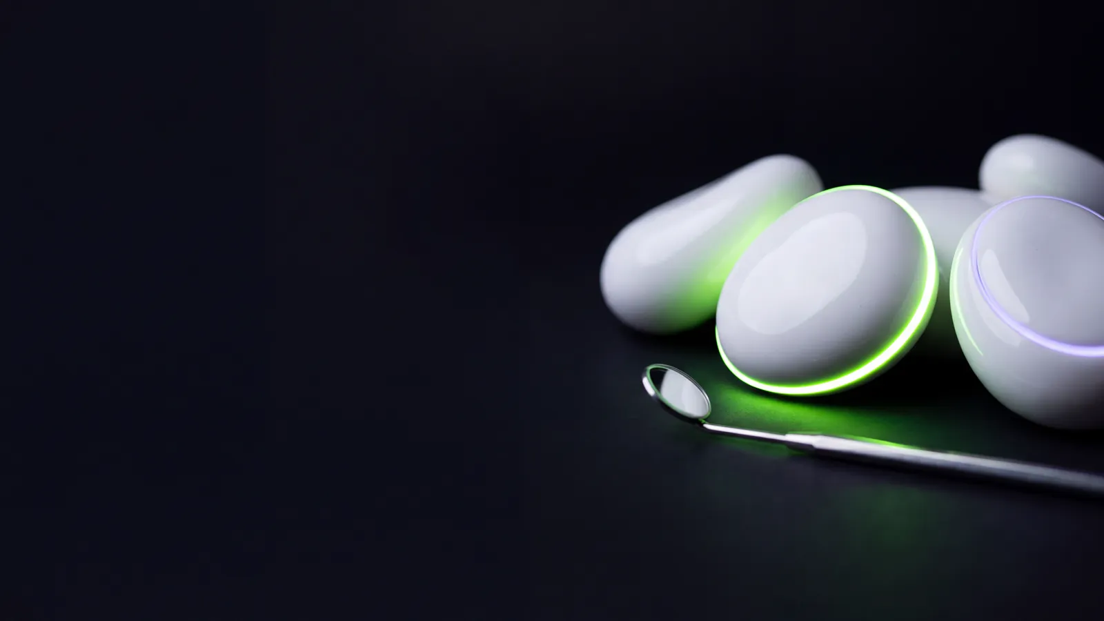Concept render: white ceramic forms and a dental mirror on black