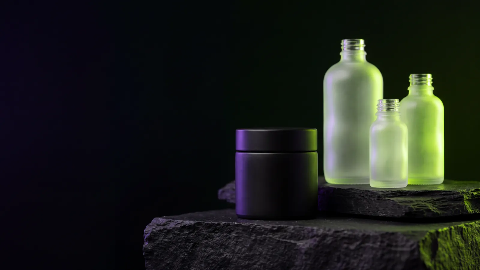 Concept render: unlabeled glass bottles on black stone plinths