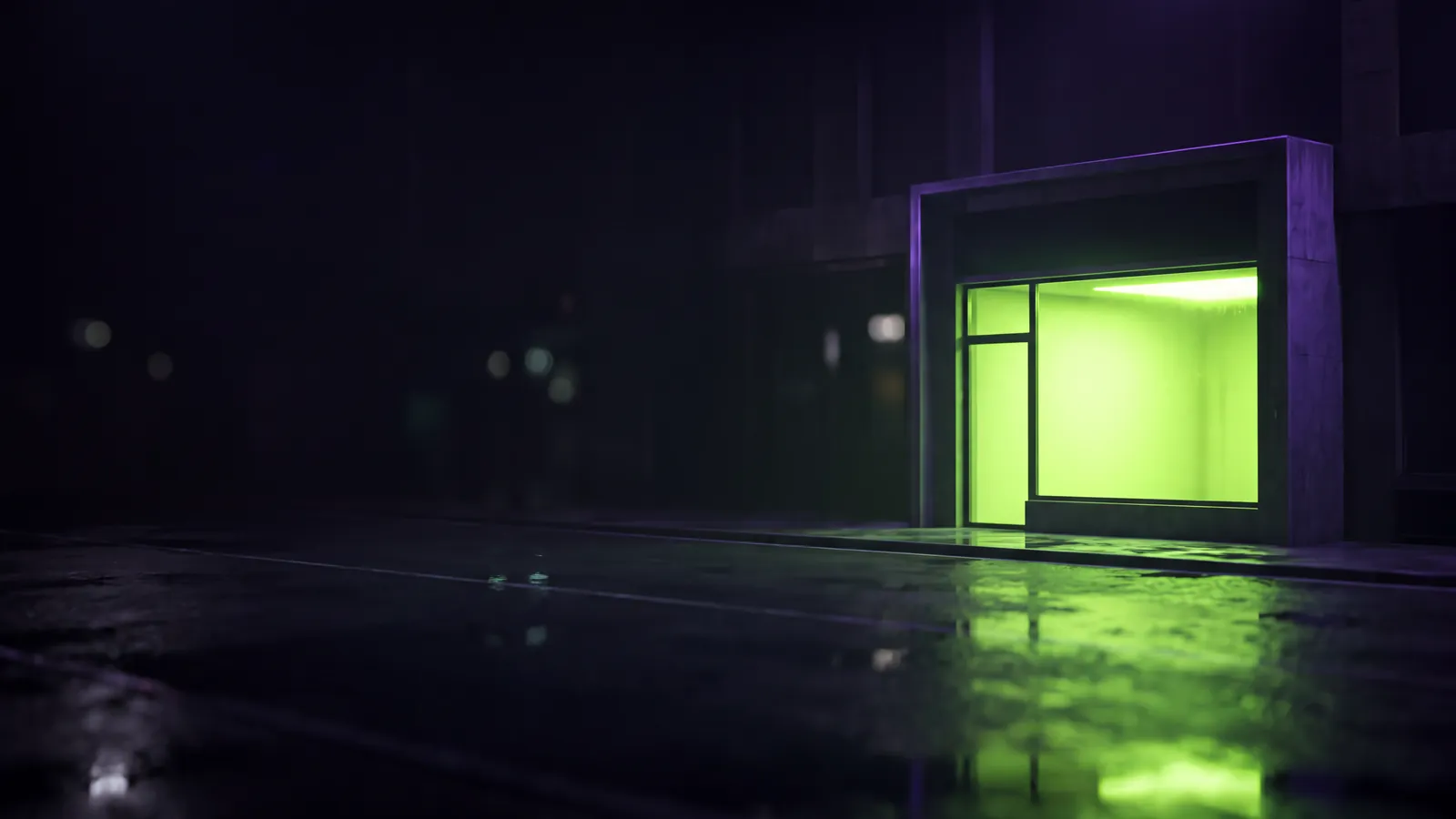 Concept render: a storefront window glowing green at night