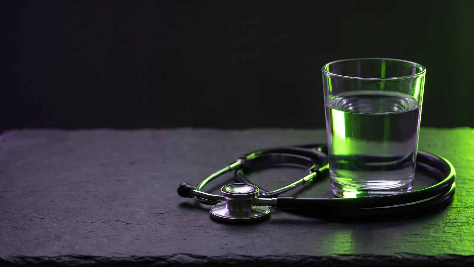 Concept render: a stethoscope on slate beside a glass of water