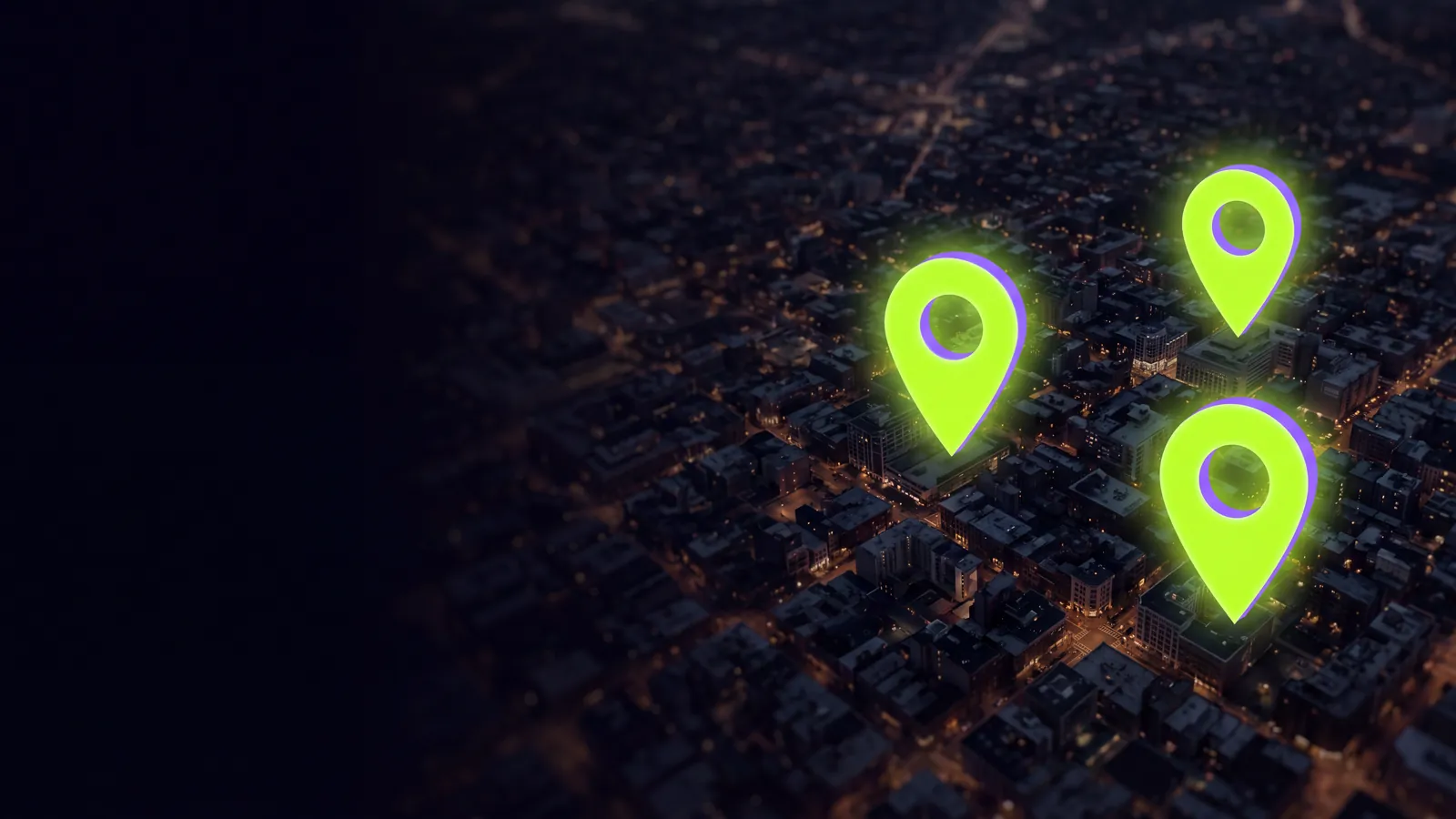 Concept render: a city grid at night with three glowing green pins