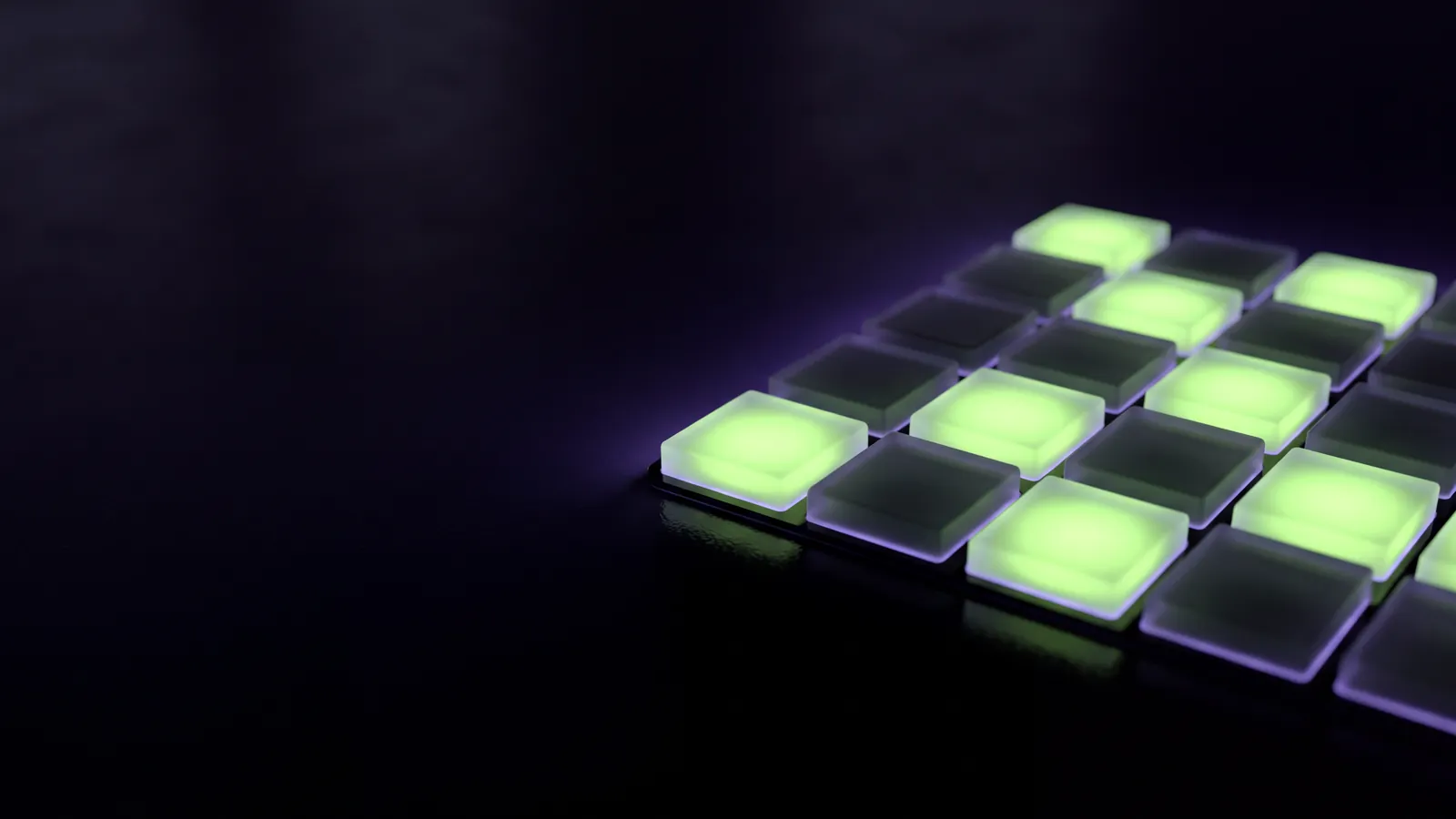 Concept render: sixteen frosted glass tiles, nine glowing green