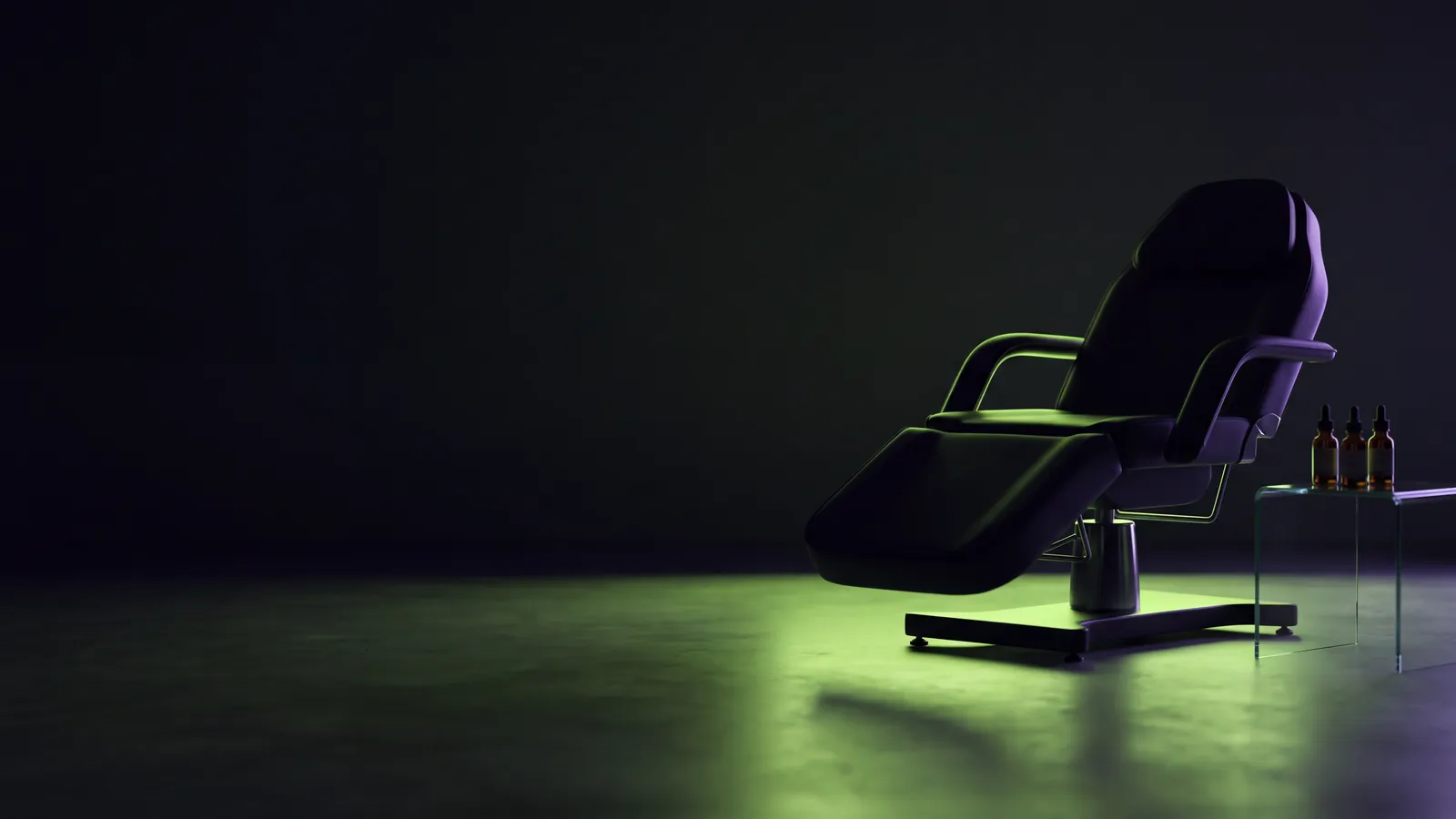 Concept render: an empty aesthetic treatment room at night in green light