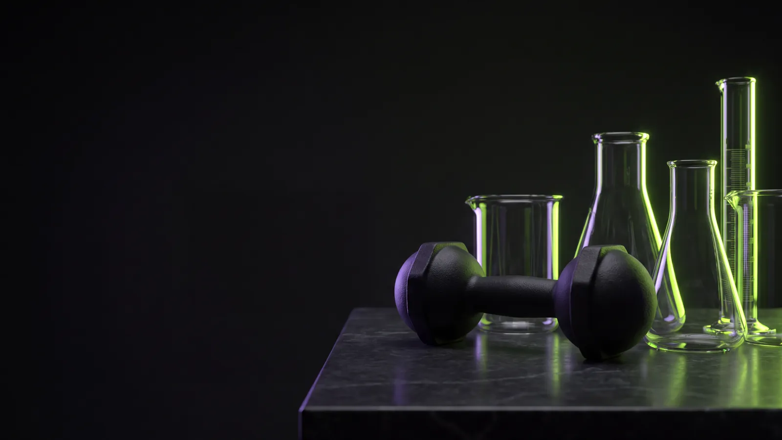 Concept render: a dumbbell beside clean lab glassware