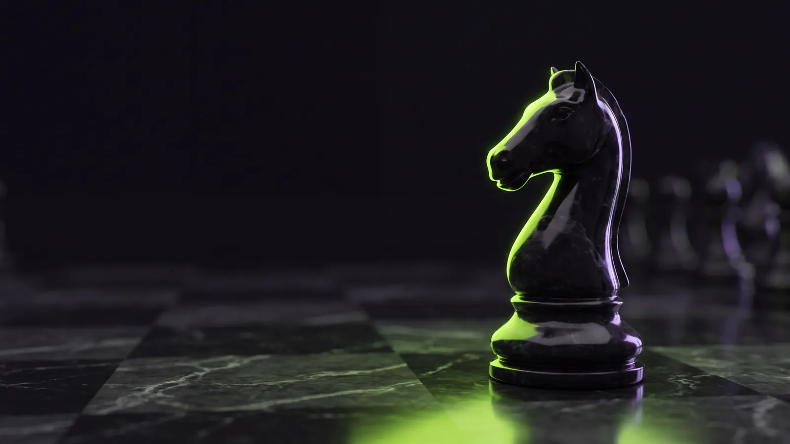 Concept render: a chess knight on a dark marble board