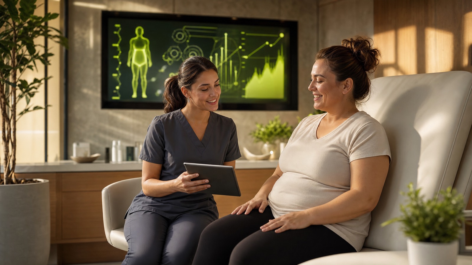 Medical weight loss and GLP-1 marketing research and analytics on a screen in a premium minimalist office. PELORA Marketing.